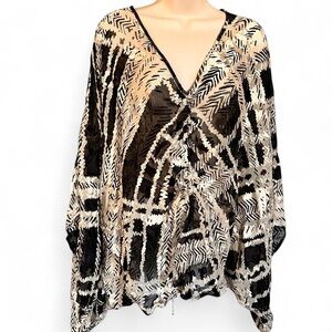 ST. JOHN Silk Web Sleeve Arm V Neck Ruching Strap Textured Pattern Poncho
